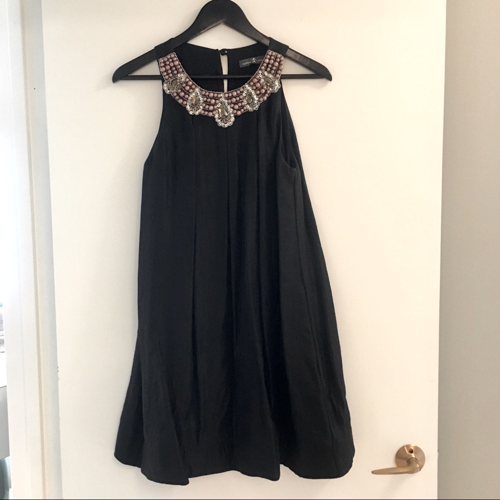 Alexia Admor Jewel Neck Black Satin Trapeze Cocktail Dress Size S